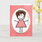 Birthday Stick Figuur Girl op Red Gingham Kaart (Gele Bloem)