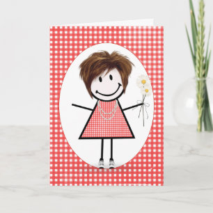 Birthday Stick Figuur Girl op Red Gingham Kaart