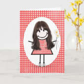Birthday Stick Figuur Girl op Red Gingham Kaart (Gele Bloem)