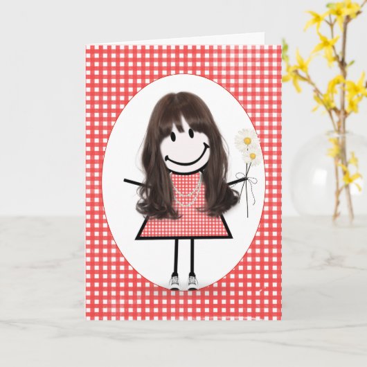 Birthday Stick Figuur Girl op Red Gingham Kaart (Gele Bloem)