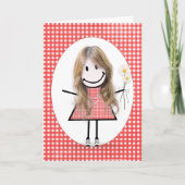 Birthday Stick Figuur Girl op Red Gingham Kaart (Voorkant)