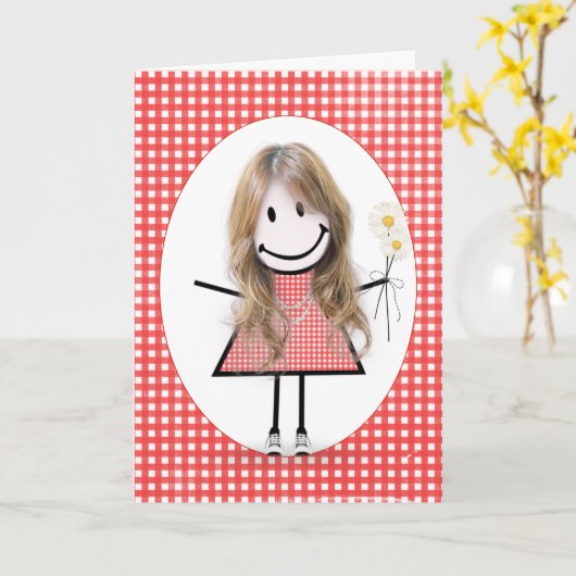 Birthday Stick Figuur Girl op Red Gingham Kaart (Gele Bloem)