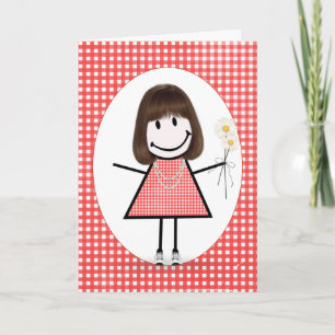 Birthday Stick Figuur Girl op Red Gingham Kaart