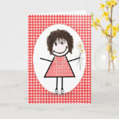 Birthday Stick Figuur Girl op Red Gingham Kaart (Gele Bloem)