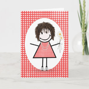 Birthday Stick Figuur Girl op Red Gingham Kaart