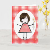 Birthday Stick Figuur Girl op Red Gingham Kaart (Gele Bloem)