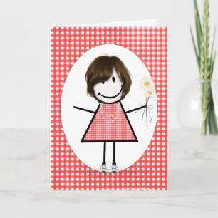 Birthday Stick Figuur Girl op Red Gingham Kaart