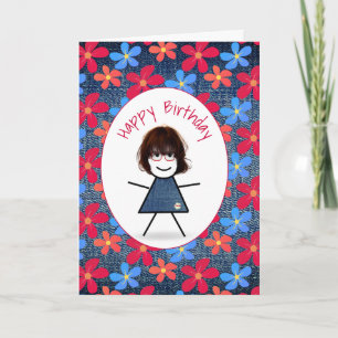 Birthday Stick Girl en Daisies op Blue Denim Kaart