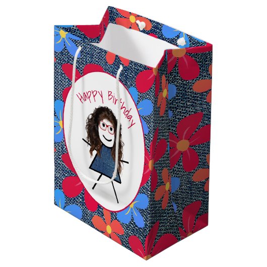 Birthday Stick Girl en Daisies op Blue Denim Medium Cadeauzakje (Voorkant Gekanteld)