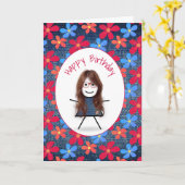 Birthday Stick Girl en Daisies op Denim Kaart (Gele Bloem)