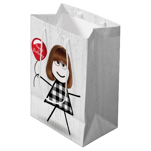 Birthday Stick Girl met ballon op hout Medium Cadeauzakje (Voorkant Gekanteld)