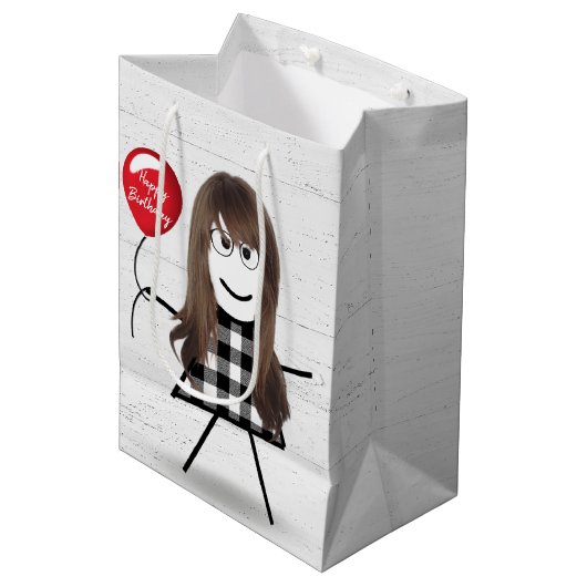 Birthday Stick Girl met ballon op hout Medium Cadeauzakje (Voorkant Gekanteld)