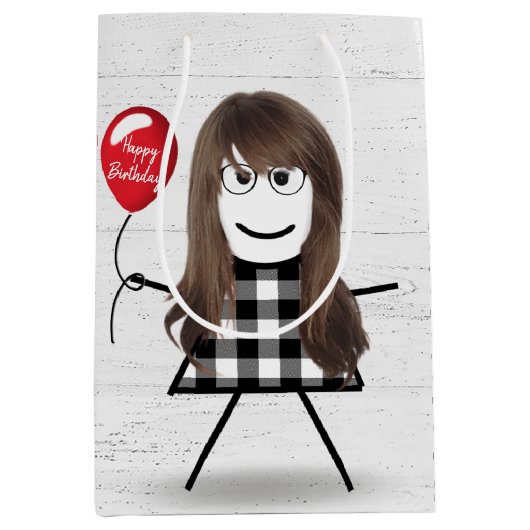 Birthday Stick Girl met ballon op hout Medium Cadeauzakje (Voorkant)