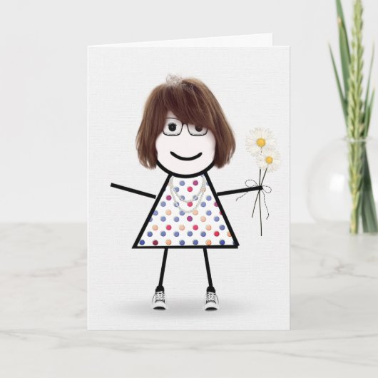 Birthday Stick Girl met Daisies Kaart (Voorkant)