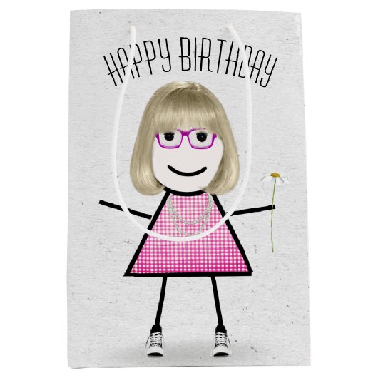 Birthday Stick Girl met Daisy Medium Cadeauzakje (Voorkant)