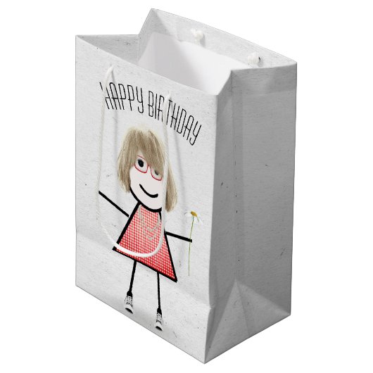 Birthday Stick Girl met Daisy Medium Gift Bag Medium Cadeauzakje (Voorkant Gekanteld)