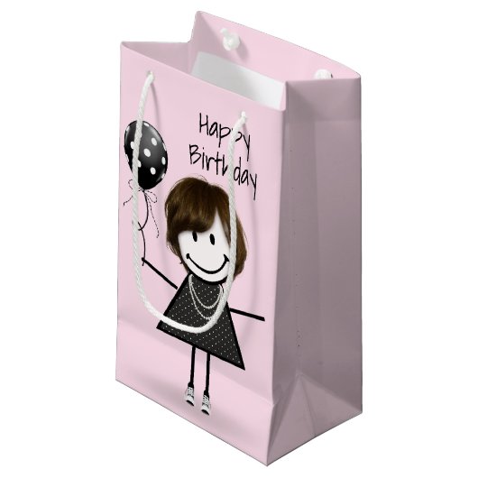 Birthday Stick Girl met Polka Dot Balloon Klein Cadeauzakje (Voorkant Gekanteld)
