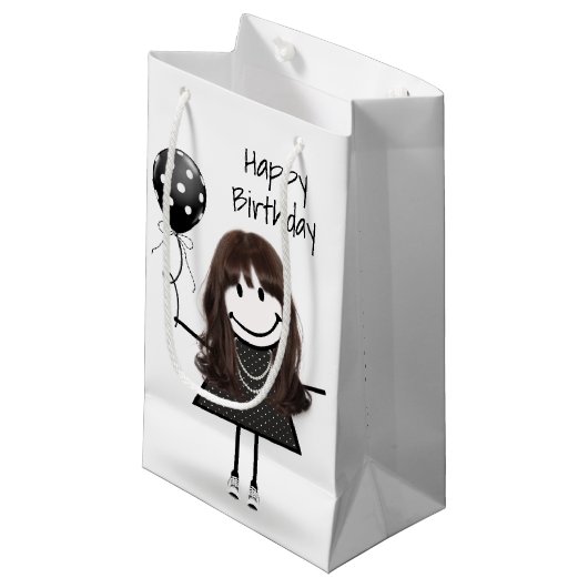 Birthday Stick Girl met Polka Dot Balloon Klein Cadeauzakje (Voorkant Gekanteld)