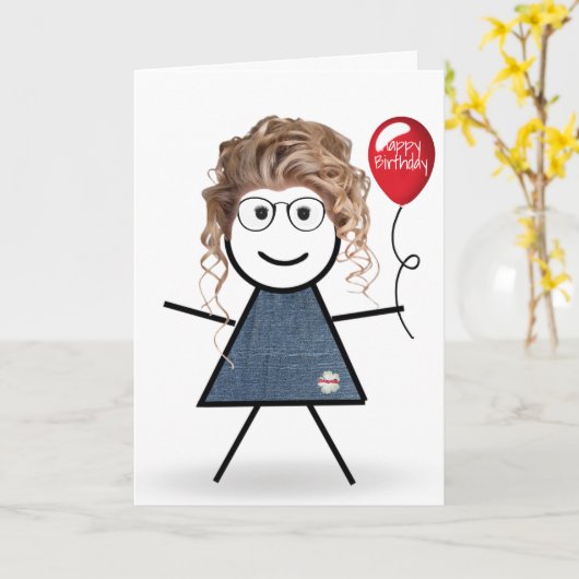 Birthday Stick Girl met Rode ballon Kaart (Gele Bloem)
