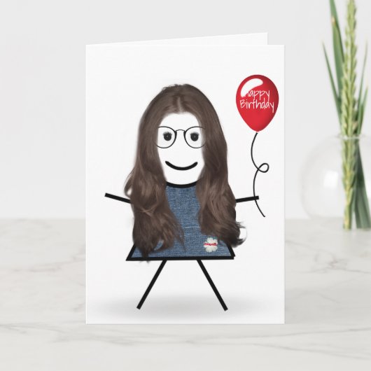 Birthday Stick Girl met Rode ballon Kaart (Voorkant)