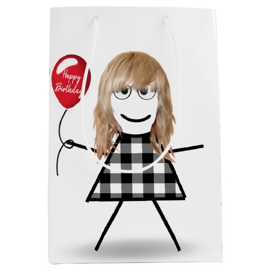 Birthday Stick Girl met Rode ballon Medium Cadeauzakje (Voorkant)