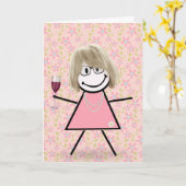 Birthday Stick Girl met rode wijn Kaart (Gele Bloem)