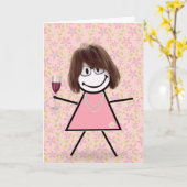 Birthday Stick Girl met rode wijn Kaart (Gele Bloem)