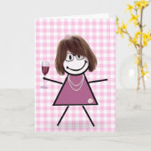 Birthday Stick Girl met rode wijn Kaart (Gele Bloem)