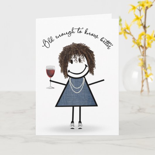 Birthday Stick Girl met wijnglas Kaart (Gele Bloem)