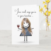 Birthday Stick Girl met wijnglas Kaart (Gele Bloem)