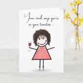 Birthday Stick Girl met wijnglas Kaart (Gele Bloem)