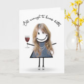 Birthday Stick Girl met wijnglas Kaart (Gele Bloem)