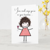 Birthday Stick Girl met wijnglas Kaart (Gele Bloem)