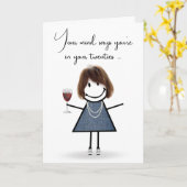 Birthday Stick Girl met wijnglas Kaart (Gele Bloem)