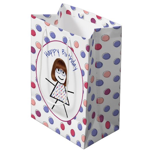 Birthday Stick Girl op Polka Dots Medium Cadeauzakje (Voorkant Gekanteld)