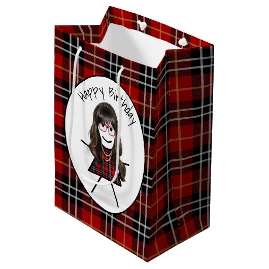 Birthday Stick Girl op Tartan Medium Cadeauzakje (Voorkant Gekanteld)