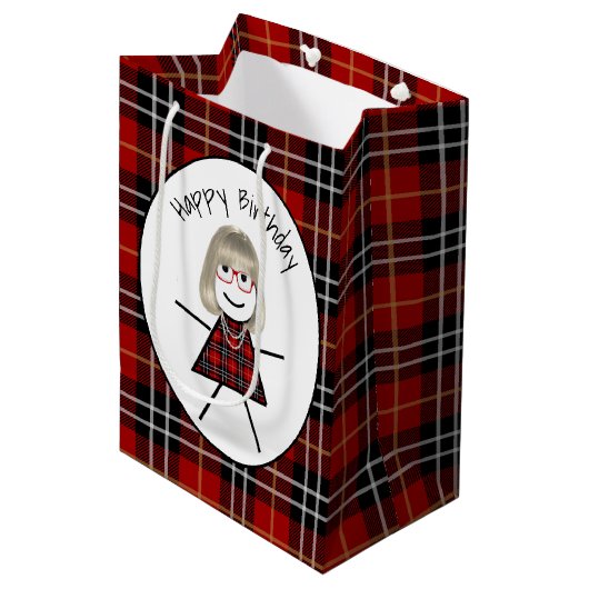 Birthday Stick Girl op Tartan Medium Cadeauzakje (Voorkant Gekanteld)
