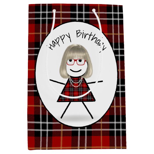 Birthday Stick Girl op Tartan Medium Cadeauzakje (Voorkant)