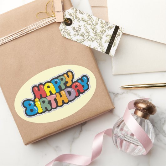 Birthday Sticker met gekleurde tekst (Geschenken)