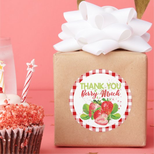 Birthday Strawberry Theme Play Dank u Ronde Sticker (Feest)