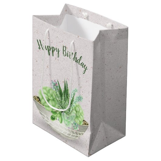 Birthday Succulent Plant op Terrazzo Medium Cadeauzakje (Voorkant Gekanteld)