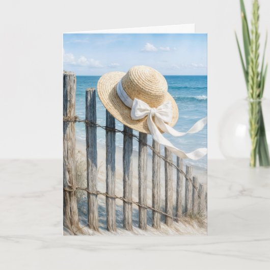 Birthday Summer Straw Hat On Beach Fence Kaart (Voorkant)
