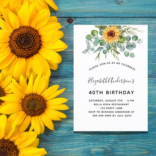 Birthday sunflower eucalyptusgroene uitnodiging