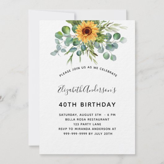 Birthday sunflower eucalyptusgroene uitnodiging (Voorkant)