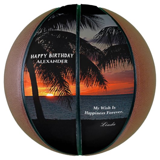 Birthday Sunset Ocean Tropical Palms personalisere Basketbal (Verticaal)