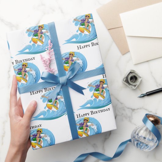 Birthday Surfer op Blue Wave Cadeaupapier (Geschenken)