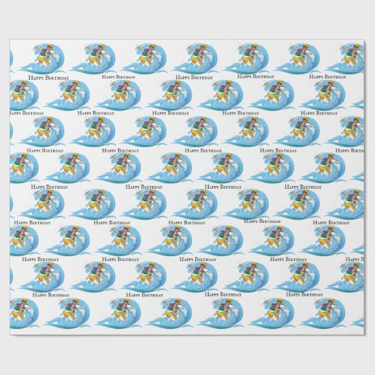 Birthday Surfer op Blue Wave Cadeaupapier (Vlak)