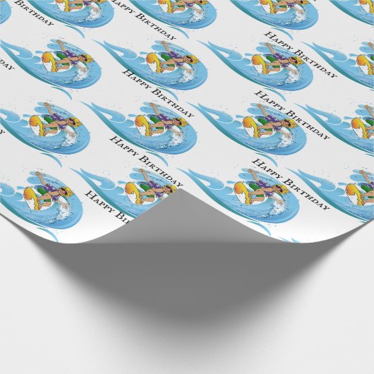 Birthday Surfer op Blue Wave Cadeaupapier (Hoek)