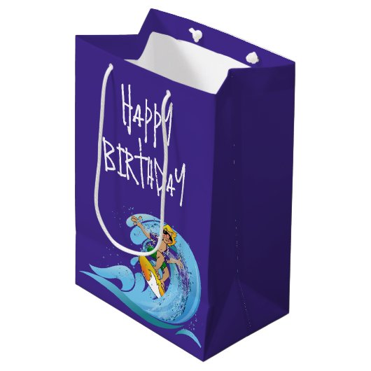 Birthday Surfer op Wave Medium Cadeauzakje (Voorkant Gekanteld)