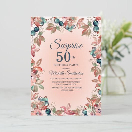 Birthday Surprise 50th Women Pink Blauwgroen Flora Kaart (Staand voorkant)